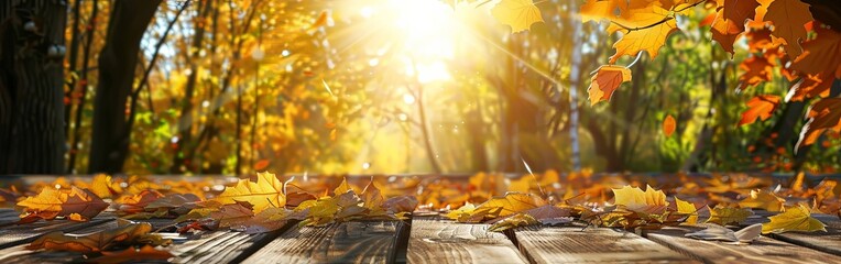 Rustic Autumn Table with Scattered Orange Leaves