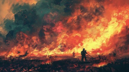 A firefighter faces an immense wildfire alone, with widespread flames and thick smoke in the background, symbolizing bravery and the harsh realities of wildfire management.
