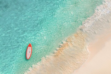 Fototapeta premium Paddling on a SUP board on a lake at sunny day. Stand up paddle boarding - awesome active outdoor recreation.. Beautiful simple AI generated image in 4K, unique.