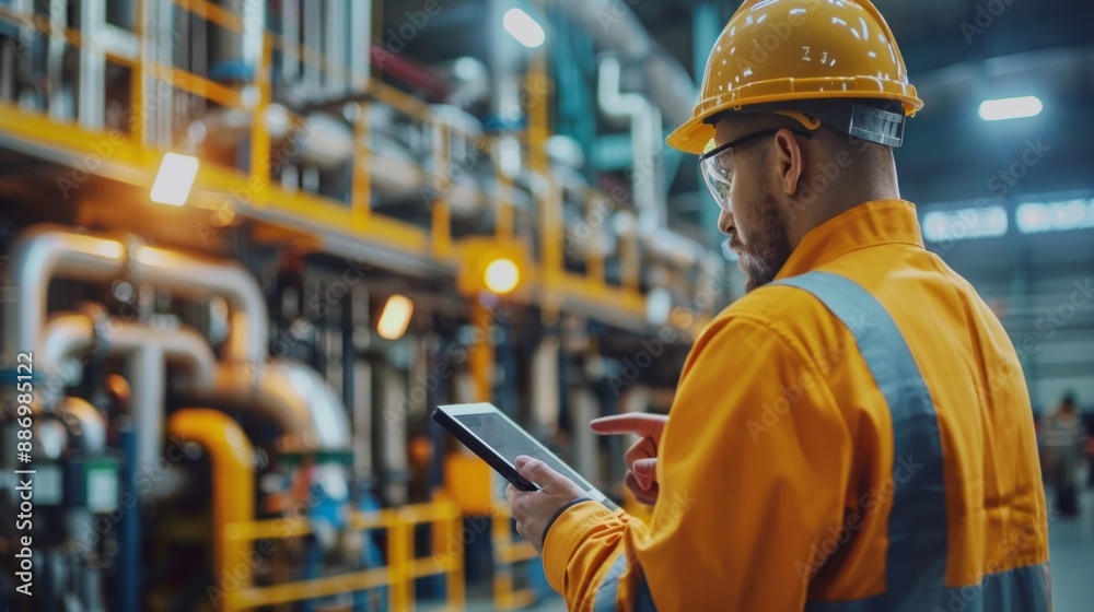 Poster a man in a yellow safety vest is looking at a tablet while pointing to something