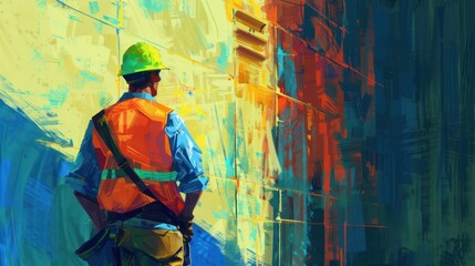 A construction worker wearing safety gear stands in front of a colorfully abstract wall, blending industry with artistic expression in a captivating and thought-provoking scene.