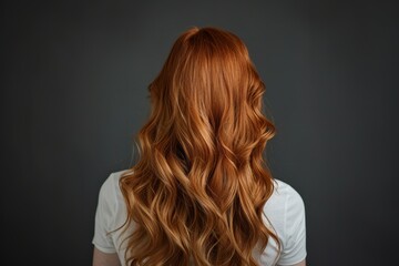 Naklejka premium Back of woman's head with long, red black wavy straight hair in an elegant salon setting. The focus is on her hairstyle and color Perfectly styled blonde curls, showcasing hair beauty and care.