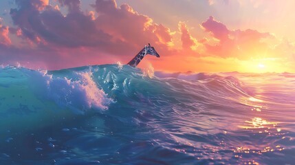 Ocean waves with sunlight, giraffe sea, minimalism, bright tropical hues