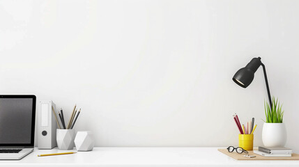 A desk in a home office is an example of minimalism and functionality. It consists of a simple desk with a laptop and a few notebooks. The wall behind me is clean, without unnecessary decorations
