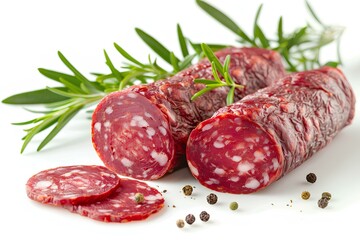 A pile of sliced sausage next to a sprig of rosemary