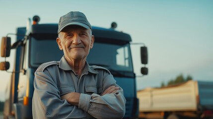 Elderly Russian Truck Driver Smiling Joyfully in Front of a Blue Truck, Expressing Pride in His Work, Portrait for Transport Industry