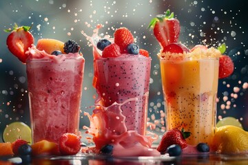 Smoothies in mid-air with fruits and veggies swirling around