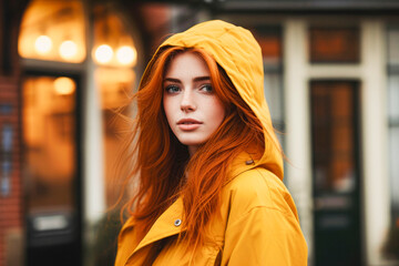 Fototapeta premium Young redhaired woman in yellow raincoat outdoor at park