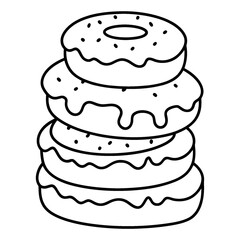 A coloring page with a black-and-white line design of a stack of donuts.