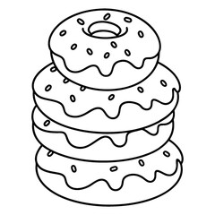 A coloring page with a black-and-white line design of a stack of donuts.