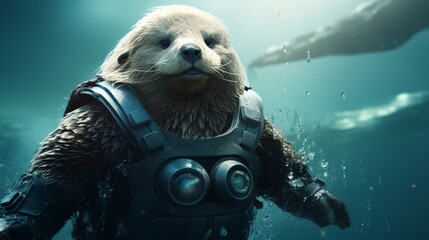 An otter superhero swims through the water