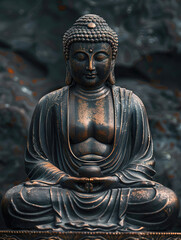 Fototapeta premium A bronze Buddha statue sits in meditation, with hands clasped and eyes closed.