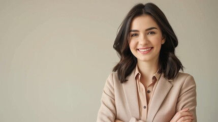 Fototapeta premium Confident Young Russian Businesswoman Smiling in Professional Attire for Corporate Portraits and Stock Photography