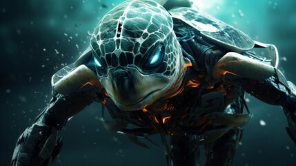 A cyborg turtle swims underwater