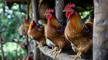 Fototapeta premium Two roosters stand on a wooden railing, surrounded by a blurred backdrop of green foliage. They are in a rustic setting, possibly a chicken coop or farm