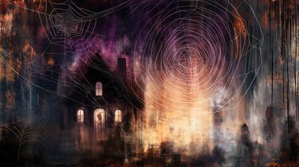 Obraz premium Mysterious Haunted House with Spider Webs on Dark Spooky Background