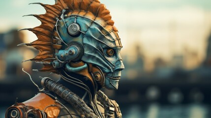 Fototapeta premium A cyborg superhero stands in a city