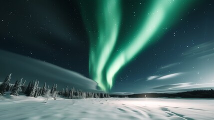 Naklejka premium High-definition photo of Northern Lights over a snow-covered forest, star-filled sky, high-resolution photo, realistic photo, cinematography