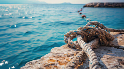 Fototapeta premium A tied rope on a fishing pier carefully woven, with the stories and secrets of the sea woven into it, reflecting the hard work and passion of local fishermen. 