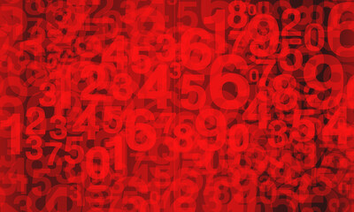 abstract red numbers large and small, are stacked on top of each other on red and black background, template, banner, decor, fashion, gift, colorful