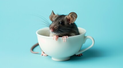 Cute domestic rat in white coffee cup isolated on blue background