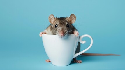 Cute domestic rat in white coffee cup isolated on blue background