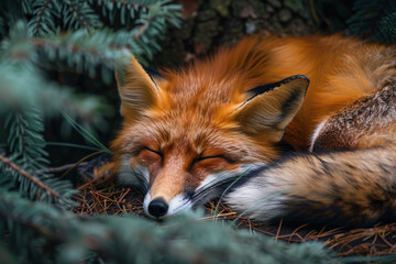 Obraz premium Tired fox sleeping in forest