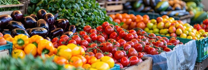Fresh produce (fruits and vegetables) for sale at the farmer's market, colorful display 