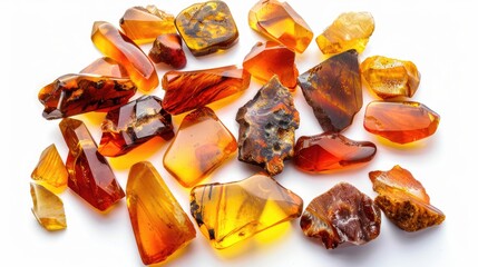 Variety of amber pieces with diverse shapes and colors on white background unique sun stone ancient fossilized resin tree fragments as jewelry material Science of crystal