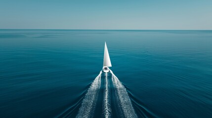 Obraz premium Hyper-detailed drone capture of a lone sailboat in vast ocean, wake patterns, high-resolution photo, realistic photo, cinematography