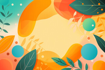 Obraz premium colorful and vibrant abstract background featuring an array of leaves and geometric shapes in warm orange, yellow, and cool blue-green . modern and playful design, backdrop, presentation template