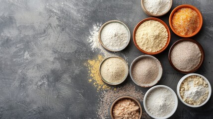 Variety of flour filled bowls on grey background top view Room for text