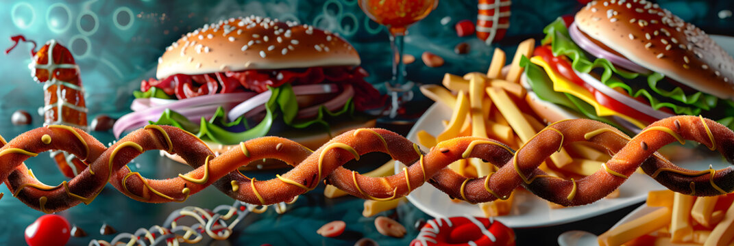 Junk Food Gene or fat mass and obesity associated genetics or FTO as a Fast-food concept with a DNA strand representing genetics and unhealthy eating affecting genes.