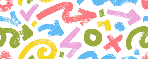 Freehand colorful bold curved lines, spirals and thick brush drawn arrows seamless pattern.