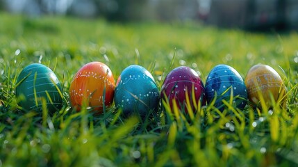 Vibrant Easter eggs dyed in water on grass Easter holiday activity concept