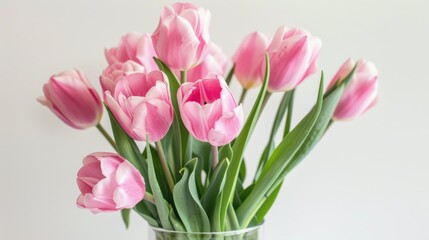 Fototapeta premium Vibrant pink tulips in small vase on white background floral theme