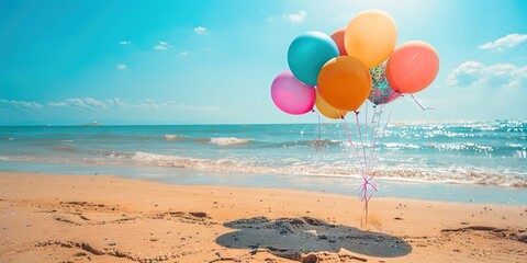 Colorful birthday balloons on the beach 