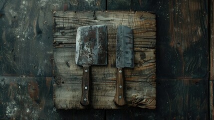 View from above of knives and cleaver on wood block