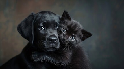 Fototapeta premium A black Labrador puppy affectionately hugging a tiny kitten against a dark background