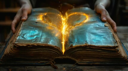 Romantic valentine s day  heart bokeh lights in open book, love and literature concept