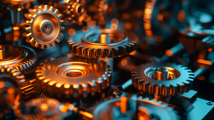 Business operations conceptual background. Golden coloured gears closeup.