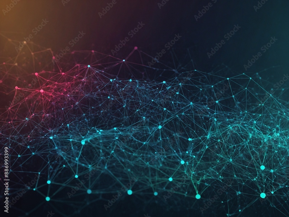 Poster luminous mesh of interconnected nodes, edges sprawls across dark background, forming intricate web o