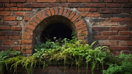 Weathered brick wall features arched opening, overgrown with lush green ferns, moss, hinting at natures reclaiming of man-made structures. Bricks show varying shades of red, orange.