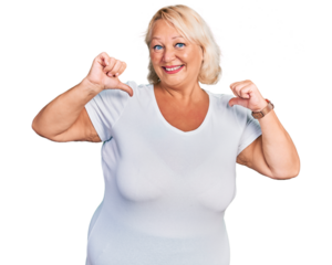 Middle age blonde woman wearing casual white t shirt looking confident with smile on face, pointing oneself with fingers proud and happy.