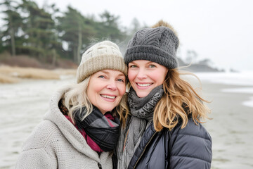 Fototapeta premium Senior Woman And Her Daughter On The Beach On A Winter Day.