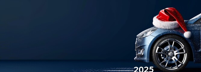 Christmas car with Santa hat and silver wheel in festive winter scene