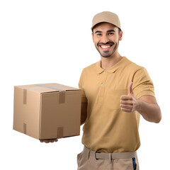 Handsome young delivery man portrait isolated on transparent background	