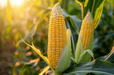 Single ear of corn in a sunlit field during golden hour