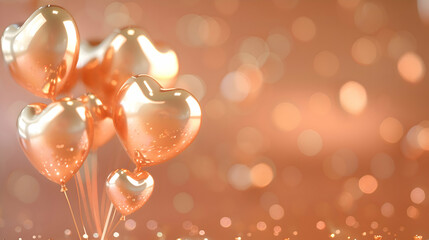 Romantic creative composition. Happy Valentine's Day. Realistic 3d festive decorative objects, heart shaped balloons and Love letter. falling gift box, glitter gold confetti. Holiday banner and poster