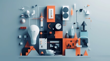 Fototapeta premium 3D abstract tech art featuring geometric shapes and industrial components in a modern, minimal style